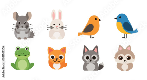 Set of Cute Cartoon Animal Icons and Minimalist Characters