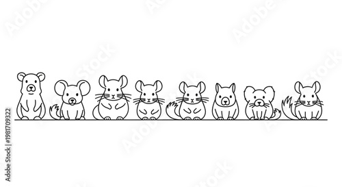 Set of Cute Rodent Line Art Icons in Horizontal Row