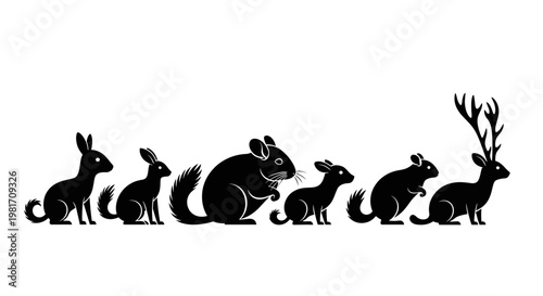 Black Silhouettes of Rodents Rabbits and Jackalope on White Background