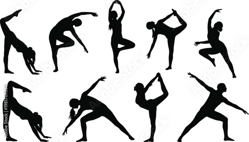 Silhouettes of people performing various yoga poses and stretching exercises