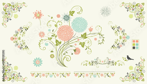 Floral Patterns, Vintage Botanical Designs, Colorful Flower Swags, Decorative Borders