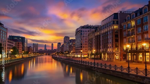 Vibrant orange sunset over a peaceful city canal lined with historic and modern buildings