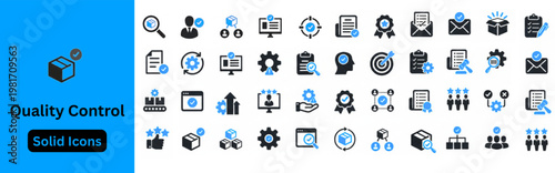 Quality Control Solid Icon Set. Quality control icon set. Containing defect reduction, inspection magnifier, product inspection, quality assurance, quality checklist, compliance, workflow and more. 