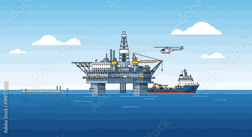 Offshore oil rig platform and supply ship in the ocean with helicopter, blue sky