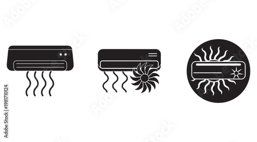 Air conditioner and sun icons with heat and cool air flow graphics  climate control symbols