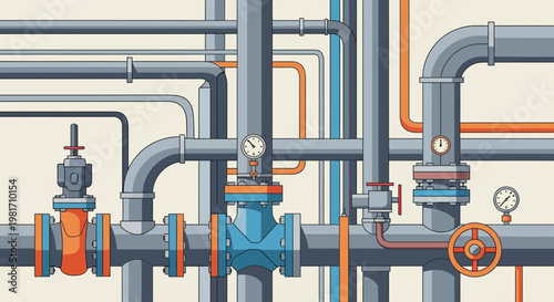 Industrial Plumbing System with Valves and Gauges - Complex Network of Pipes