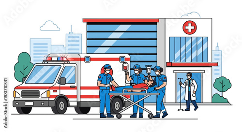 Emergency Medical Team Transporting Patient from Ambulance to Hospital Building