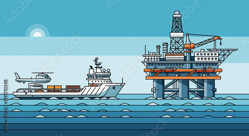Offshore Oil Rig and Supply Ship with Helicopter in the Ocean