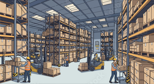 Modern Warehouse Interior with Forklifts and Workers Organizing Boxes on Shelves
