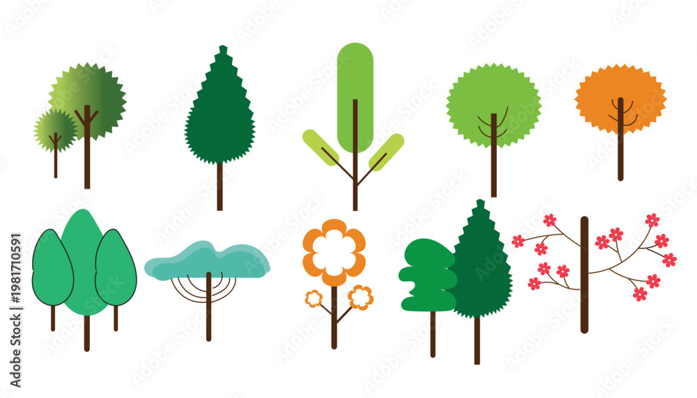 Fototapeta premium cartoon trees with green leaves and brown trunks