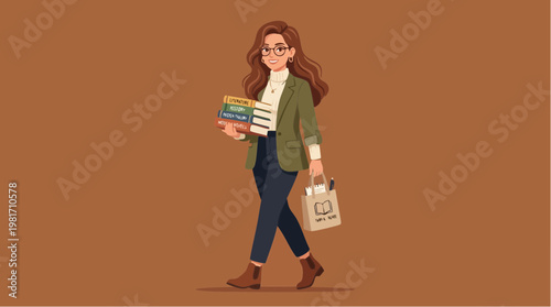 Stylish Student Girl with Long Hair Carrying Books and Tote Bag