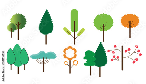 cartoon trees with green leaves and brown trunks