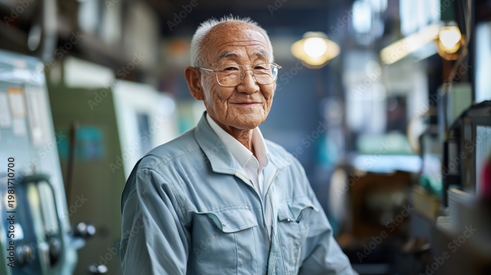 Fototapeta premium Senior technician posing confidently inside manufacturing workshop