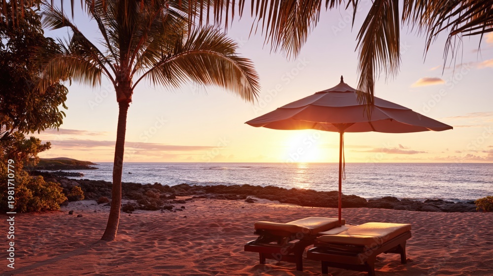 Fototapeta premium Beach umbrella and chaise lounges facing ocean during sunset