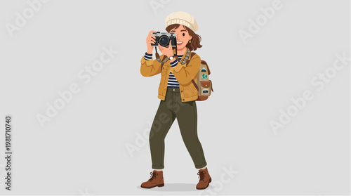 Young woman with retro camera and backpack ready to take photos