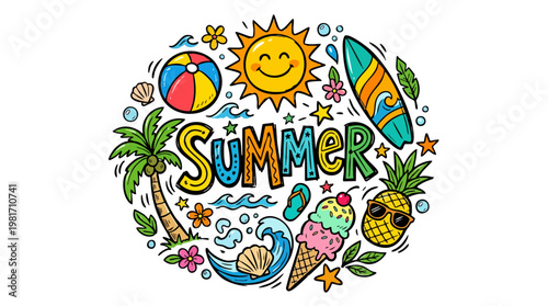 Hand drawn summer vacation lettering doodle with beach icons