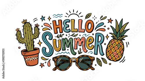Hello Summer creative lettering surrounded by a cactus and pineapple