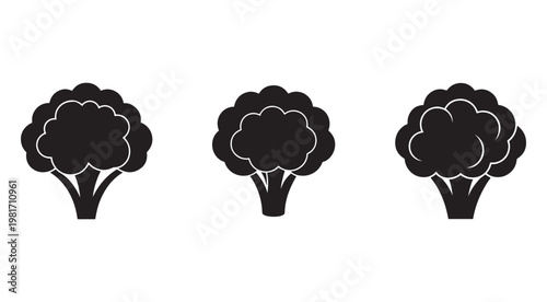 Black and white broccoli icons in different styles on white background