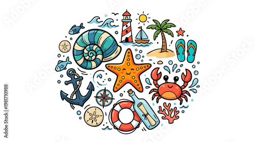 Collection of Marine Themed Summer Icons in Circle Arrangement