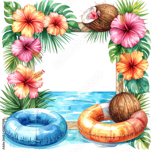 Tropical Frame with Hibiscus Flowers and Pool Floats for Summer Fun