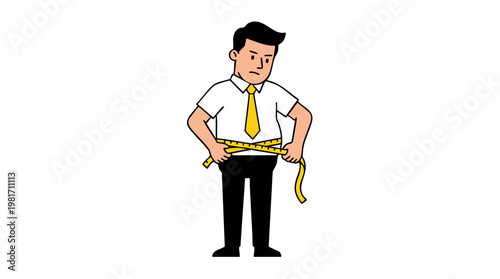 Cartoon man measuring his waist with a yellow tape measure