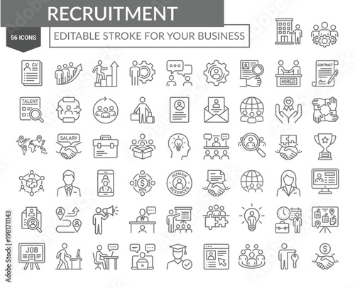 Recruitment process icons for human resources department including hiring talent management job interviews employee onboarding and staffing solutions.