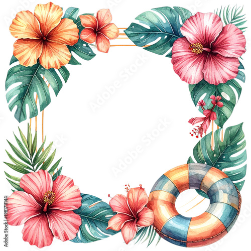 Tropical Floral Frame with Hibiscus Flowers and Life Preserver Ring