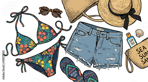 Summer Beach Essentials and Apparel Flat Lay Vector Illustration