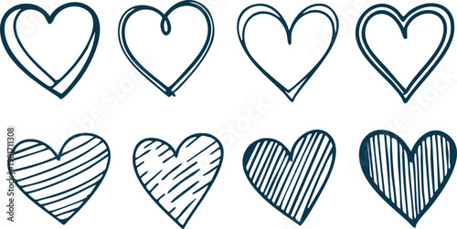 Hand Drawn Heart Doodles Set with Sketchy Outlines and Shaded Patterns