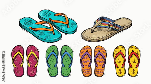 Summer footwear collection of colorful flip-flops and sandals
