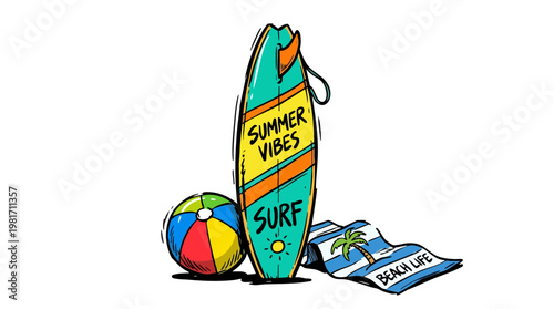 Summer Beach Surf Gear Illustration with Surfboard and Ball