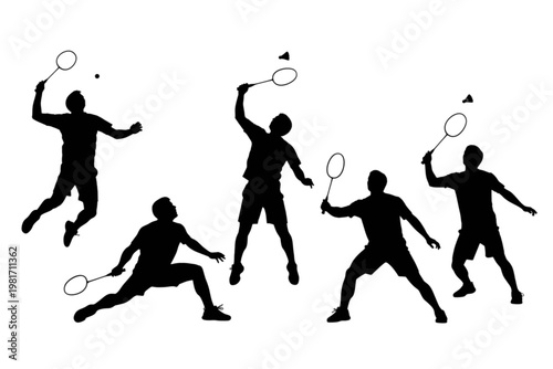 Badminton Players Vector Icon Set in Various Action Poses Dynamic Silhouette Style