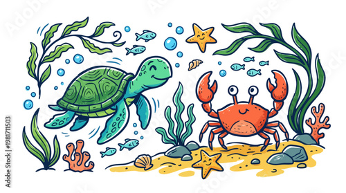Fun aquatic life collection with sea turtle and crab vector