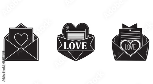 Black and white icons of love letters in envelopes with hearts on a white background  romantic symbols for Valentines Day
