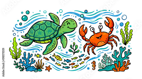 Cartoon Aquatic Life Illustration with Sea Turtle and Crab