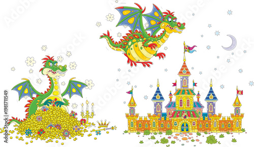 Funny angry fire-breathing dragon with clouds of smoke guarding a large pile of golden coins and royal jewels, and flying over a fairytale castle with towers, a set of vector cartoon illustrations