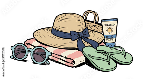 Hand drawn vector illustration of summer beach accessories