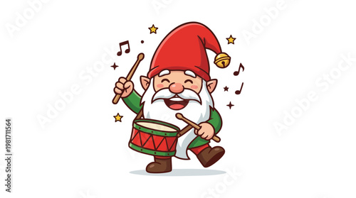 Enthusiastic Christmas Gnome Playing a Small Drum