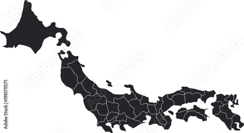 Detailed Black Silhouette Map of Japan with Internal Administrative Borders