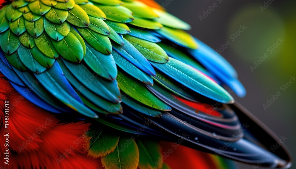Obraz premium The image features a close up of a colorful bird's feathers, showcasing an array of vibrant hues including green, blue, red, and black