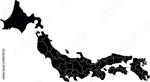 Black Map of Japan with Prefecture Borders on White Background