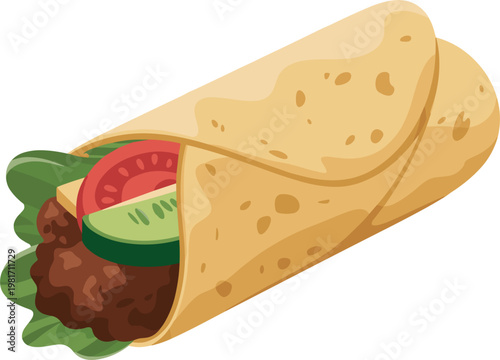 Mexican beef burrito wrap with fresh vegetables, tomato and lettuce, traditional fast food vector illustration