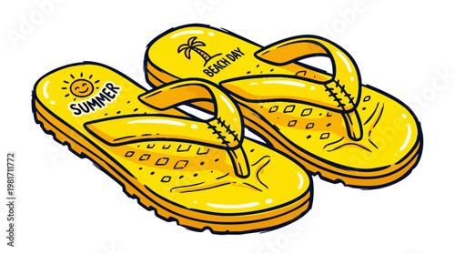 Yellow Beach Flip Flops Vector Illustration with Summer Icons