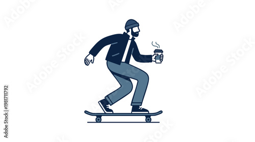 Hipster Man Skateboarding with a Hot Cup of Coffee Vector Illustration