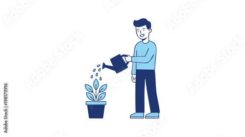 Smiling Man Watering a Potted Plant Vector Illustration