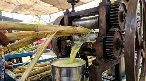 A traditional sugarcane juicer extracting fresh juice from sugarcane stalks