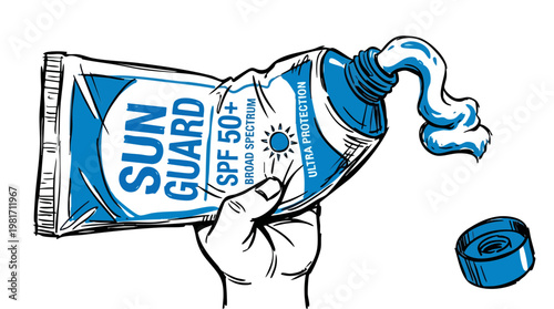Hand Squeezing SPF 50 Sunscreen Tube Vector Art