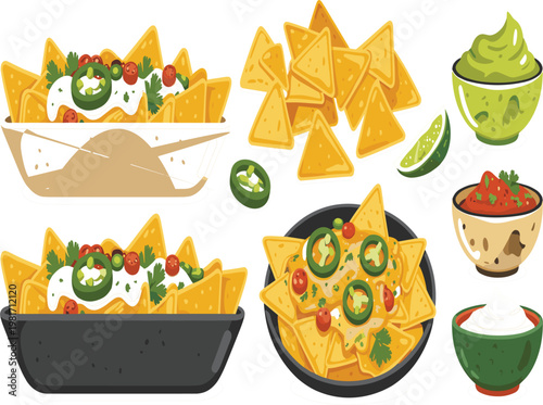 Mexican nachos set with guacamole, salsa and sour cream, traditional spicy corn chips vector illustration