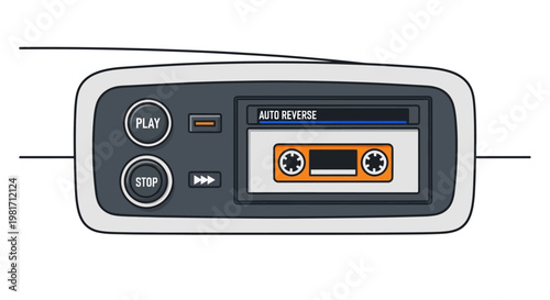 Retro Portable Cassette Player Illustration with Orange Audio Tape. Vintage Analog Music Device with Auto Reverse Function.