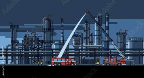 Pixel Art Firefighters Combat Blaze at Industrial Refinery Complex